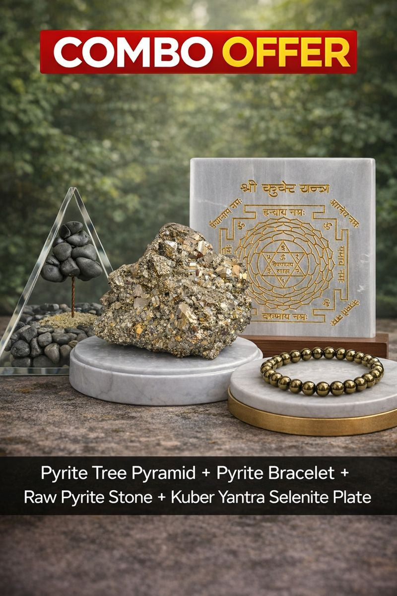 Pyrite Wealth Combo Set – Pyrite Tree Pyramid, Pyrite Bracelet, Raw Pyrite Stone & Free Selenite Plate