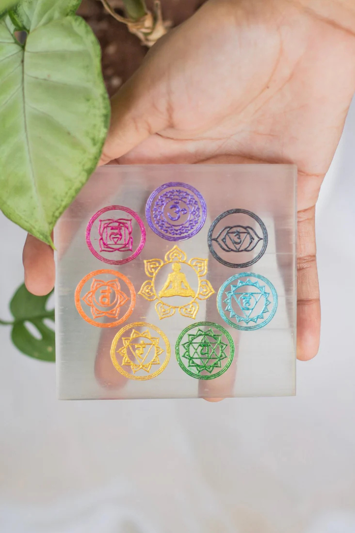 Selenite Seven Chakra Engraved Square Plate