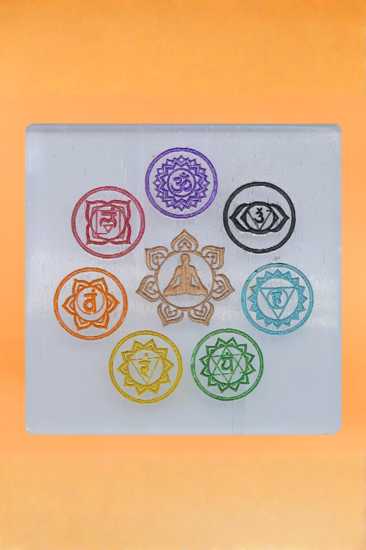Crystal 7 Chakra Square Selenite Plate 4 Inch