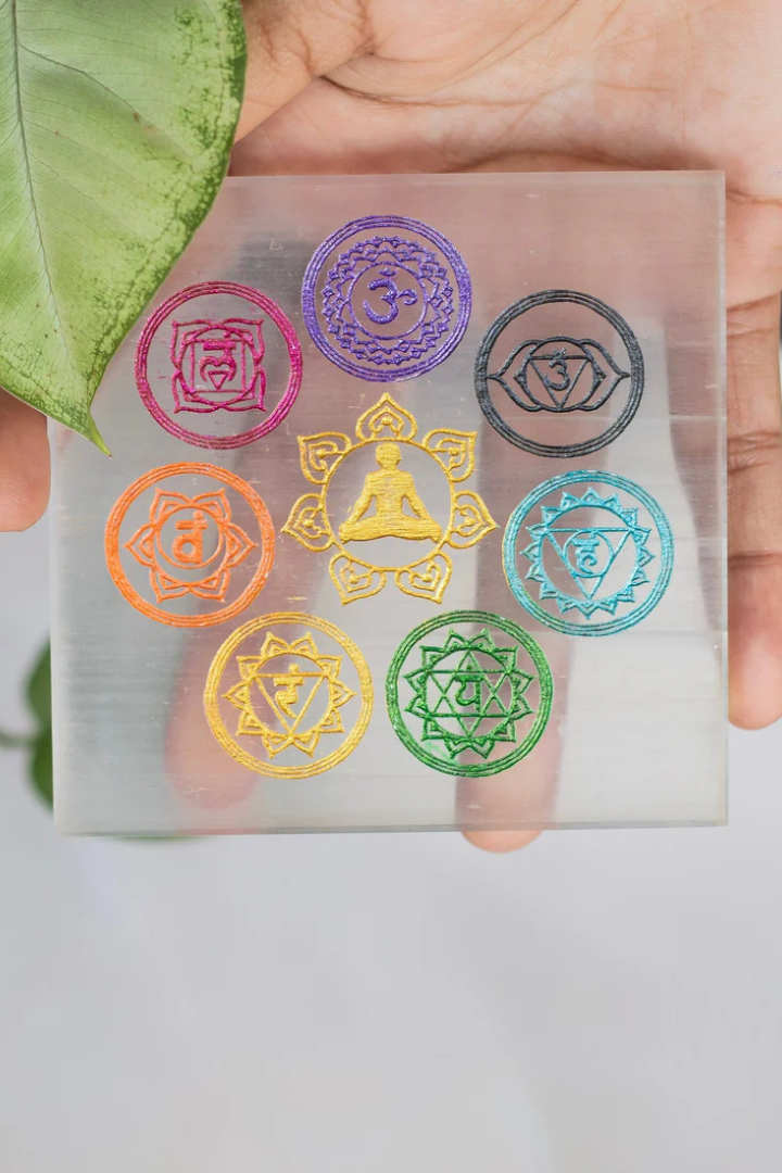 Selenite Seven Chakra Engraved Square Plate