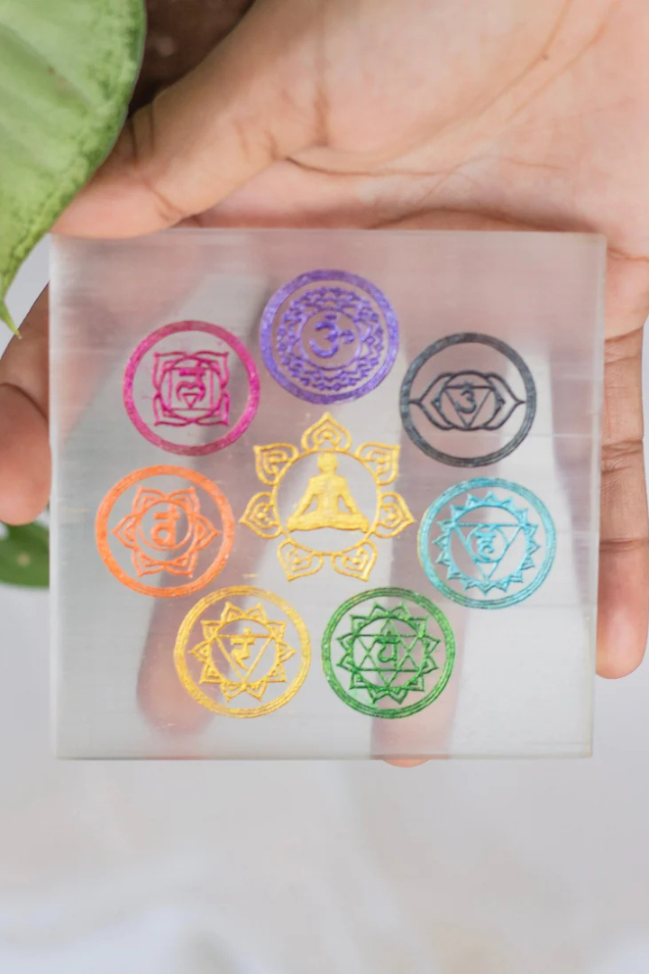 Selenite Seven Chakra Engraved Square Plate