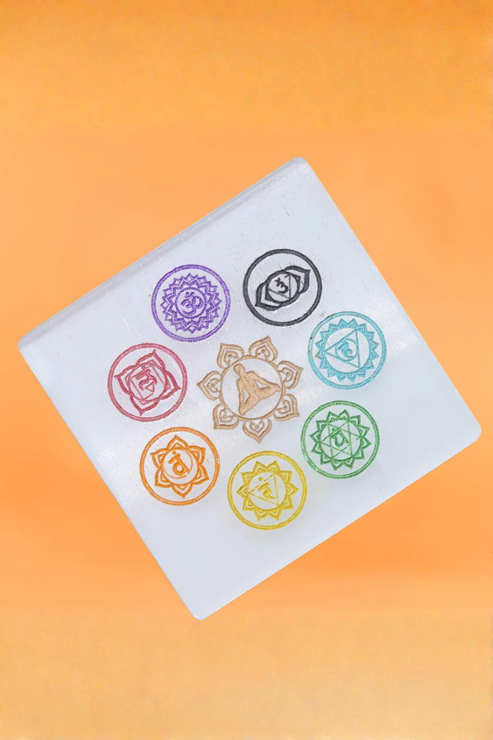 Crystal 7 Chakra Square Selenite Plate 4 Inch