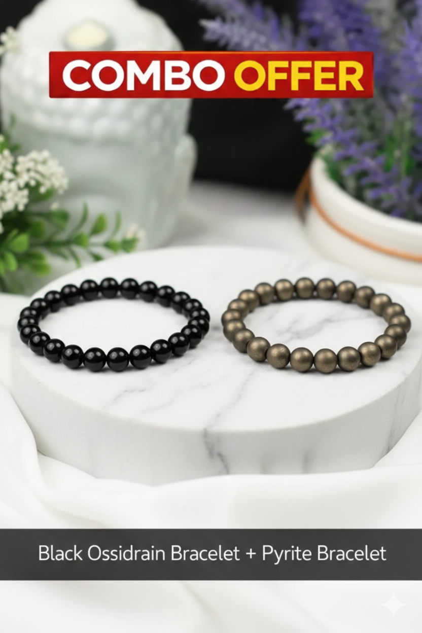 Richie Rich Combo (Pyrite bracelet + Black Obsidian Bracelet) displayed on a marble stand with plants in background.