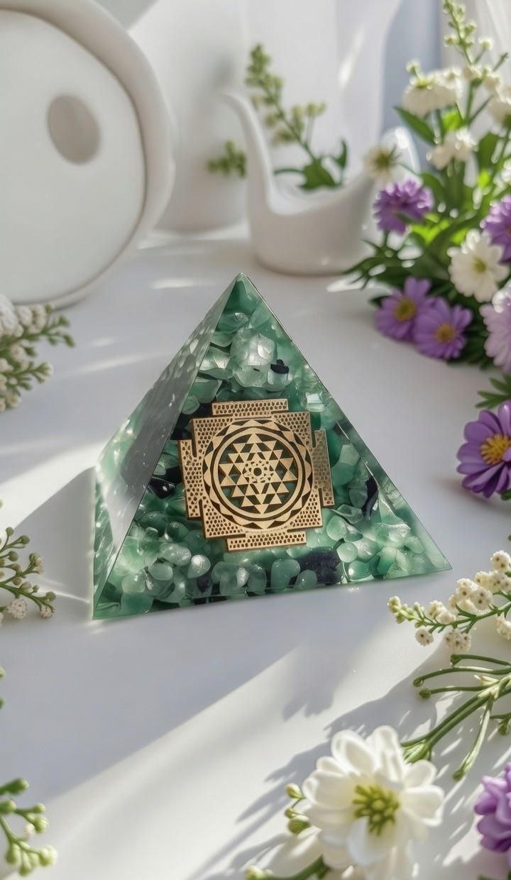 Green Mica Shree Yantra Crystal Pyramid 2 Inch